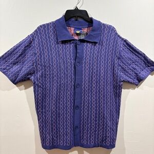 Coney Island Picnic Button Up Polo Knit Shirt Purple Geometric M NWT